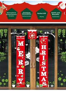Three-piece Christmas banner set featuring Santa and Merry Christmas banners on a glass door
