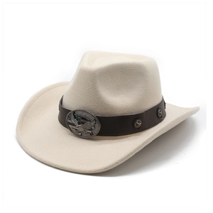 Close-up of cream wool cowboy hat with leather band featuring silver eagle and star studs