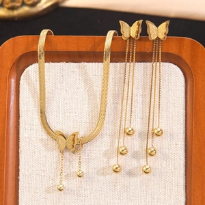 Stainless Steel Butterfly Tassel Necklace And Earrings Jewelry For Women Vintage Elegant Aesthetic Snake Chain