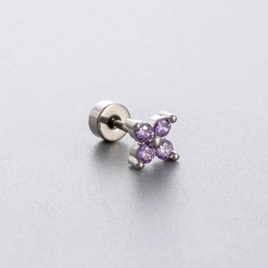 Titanium steel purple zircon flower stud earring for helix and cartilage piercings
