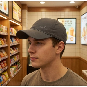 Detail view of R SPORTS logo on dark grey breathable baseball cap for men