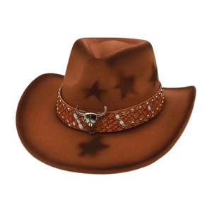 Brown western cowboy hat with star patterns, woven band and metallic bull head buckle