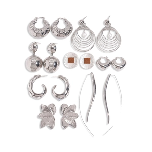 Modern 7-piece silver geometric earring set with hammered rings and petal studs
