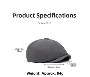 Detailed dimensions of dark grey newsboy cap with 12cm height and 6cm brim length