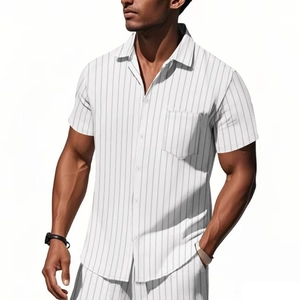 Close-up of men's striped short sleeve shirt fabric texture and front pocket detail