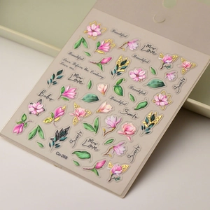 Japanese retro gold stamping nail stickers with pink flower and green leaf designs