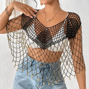 Cache-maillot de plage au crochet noir bohème avec perles dorées et glands