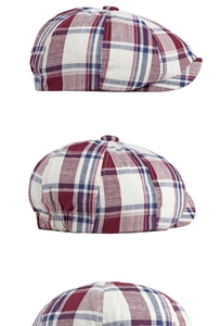 Three-angle view of a vintage plaid newsboy cap in red, white and blue wool fabric