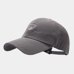Detailed close-up of dark grey ponytail baseball cap with a white bear embroidery