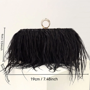 Detailed dimensions of the black ostrich feather evening bag with rhinestone ring clasp