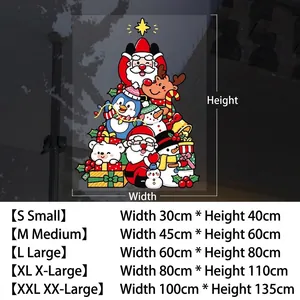 Detail view of colorful Santa and reindeer window clings with size specification chart