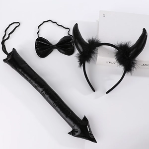 Three-piece black sequined devil costume set with headband, bow tie and arrow tail