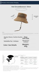 Size chart showing 58cm circumference and 6.5cm brim for cotton outdoor sun hat