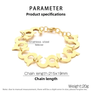 Detail view of gold stainless steel geometric bracelet with dimensions 215mm x 19mm