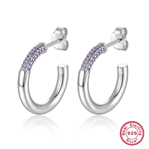 Minimalist S925 sterling silver hoop earrings with purple zircon stones on white background