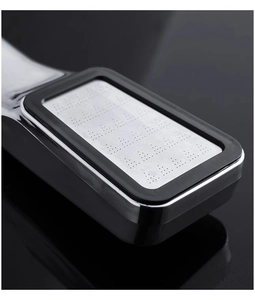 Close-up of 300-hole square shower head with stainless steel panel and micro-nozzle layout