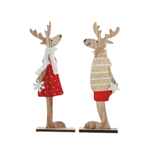 Paire de figurines rennes de Noël en bois avec robe à pois et décoration de pull rayé