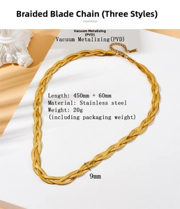 Macro view of 9mm wide braided snake chain necklace made of gold PVD stainless steel