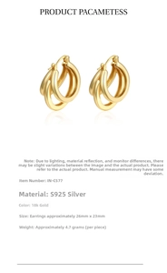 Macro view of triple hoop earrings in 18k gold plated S925 silver with 26mm diameter