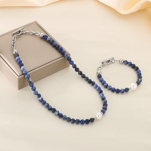 Blue natural stone bead necklace and bracelet set with pearl and stainless OT toggle clasp