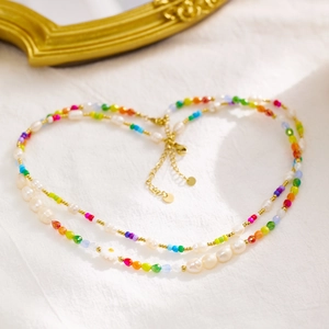 Bohemian rainbow pearl beaded necklace with vintage heart pendant and colorful stones