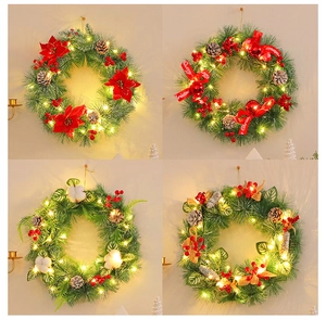 Detailed grid of Christmas wreaths with LED lights in four festive styles on a wall