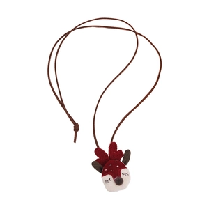 Cute Christmas reindeer fabric pendant necklace with adjustable brown rope cord