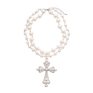 Exaggerated double layer pearl necklace with vintage silver cross pendant for women