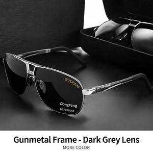 Polarized gunmetal aviator sunglasses for men with dark grey lenses and dual bridge design