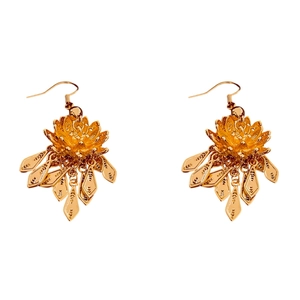 Gold plated lotus flower leaf tassel earrings with fish hook back on white background