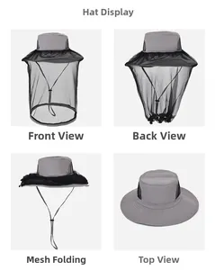 Detailed views of grey anti-mosquito sun hat with mesh veil and adjustable wind rope