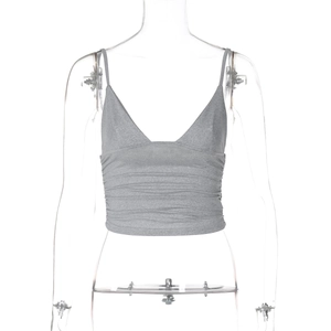 Detail showing the ruched texture and V-neckline of this grey cropped camisole top