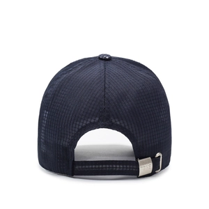 Rear view of dark breathable baseball cap with grid texture and metal adjustable buckle