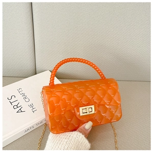 Close-up of orange translucent jelly bag with quilted texture and beaded handle