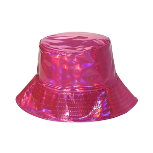 Holographic laser pink bucket hat with metallic shine for hip hop streetwear and stage performance