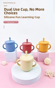 Detailed view of dual-handle silicone baby training cups in various vibrant colors