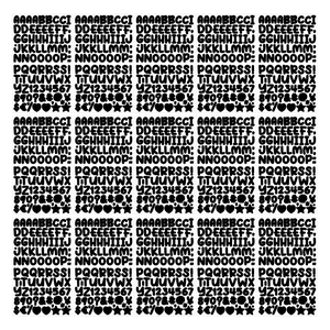 Detailed grid of 15 black alphabet and number sticker sheets for scrapbooking