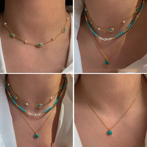 Turquoise Layered Necklace With Freshwater Pearl 18K Gold Plated Beaded Choker Vintage Bohemian Jewelry For Women