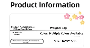 Specifications chart for soft plush pillow pencil case showing size 16x9x10cm and weight