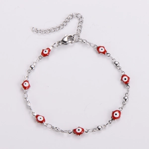 Silver stainless steel chain bracelet with red evil eye charms and secure lobster clasp
