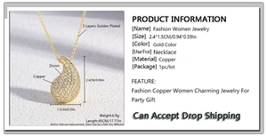 Detailed spec sheet and close-up of water drop zircon necklace with 18k gold plating