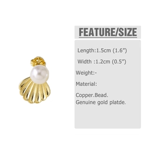 Detailed view of gold-plated shell earrings with white pearl and 1.5cm dimensions