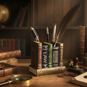 Retro resin book-shaped pen holder with vintage leather texture for desk organization
