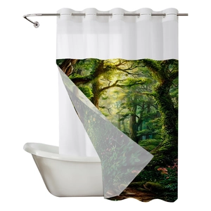 Double-layered forest theme waffle shower curtain with realistic green woodland print