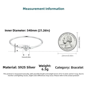 Size guide for S925 sterling silver heart charm bracelet with dimensions and coin scale