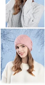 Detail of pink knitted beanie with delicate wavy textures and sparkling bead embellishments