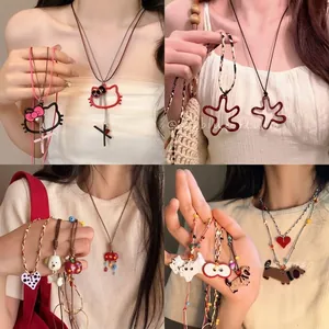 Bohemian Long Pendant Necklace Alloy Wax Cord Retro Flower Animal Heart Shape Bowknot Fashion Jewelry For Women