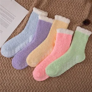 Five-pack fuzzy coral fleece slipper socks for women with non-slip grippers and soft cuffs