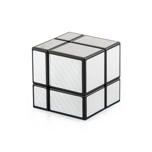 2x2 mirror cube puzzle with brushed silver texture and black frame on white background