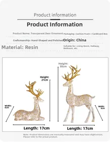 Detail view of resin elk ornaments with gold foil inside including specific dimensions